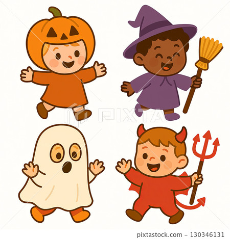 Children pumpkin costume, witch costume, ghost costume, devil costume, happy Halloween 130346131
