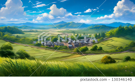 Illustration of a small village in the fields of Japan 130346140