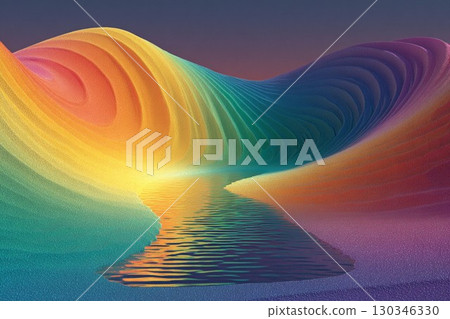 HDR high resolution fantastic 3D art landscape with rainbow colored waves and mountains reflected on the water surface 130346330