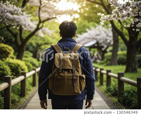 一名男子背著背包沿著森林小徑行走的後方視圖 一名男子背著背包沿著森林小徑行走的後方視圖 130346349