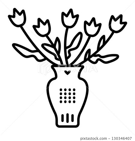 Vase with five tulips, bouquet of flowers, single vector black line illustration, icon 130346407