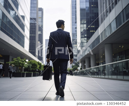 Rear view of a man in a suit walking in a business district 130346452