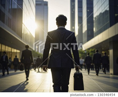 Rear view of a man in a suit walking in a business district 130346454