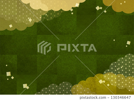 Japanese background material. Background material of traditional Japanese pattern texture on green Japanese paper. New Year's, year-end gifts, New Year's card material, green tea, 130346647