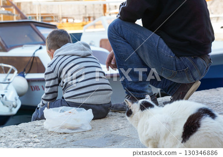 流浪貓從後面偷走孩子的零食 流浪貓從後面偷走孩子的零食 130346886