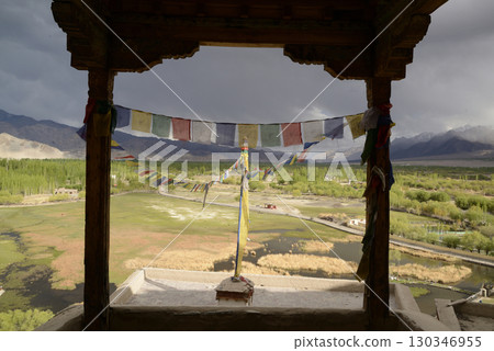 View of a barren landscape and rice paddies from Shey Palace in Ladakh region, Northern India. 130346955