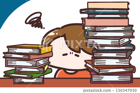 Illustration of a woman who is unmotivated while surrounded by many books 130347030