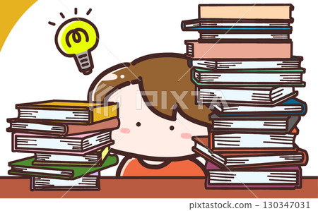 一位女士被許多書包圍著思考的插圖 130347031
