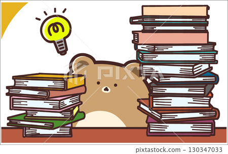 Illustration of a bear thinking while surrounded by many books 130347033