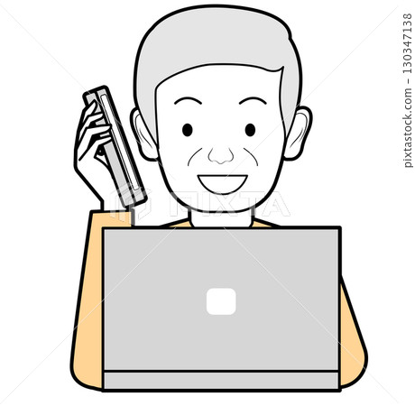 Senior man operating a PC while talking on a smartphone 130347138
