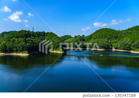 August 2025: Nara Nunome Dam with reduced water storage due to low rainfall. View of the southern Nunome Lake. 130347189