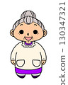An old lady with a bun hairstyle wearing an apron 130347321