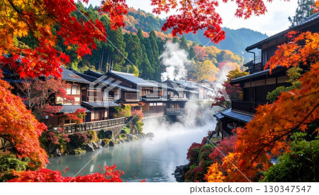A hot spring town surrounded by autumn leaves A hot spring town surrounded by autumn leaves 130347547