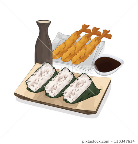 Illustration of Onigiri With Tempura 130347634