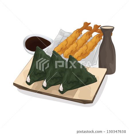 Illustration of Onigiri With Tempura 130347638