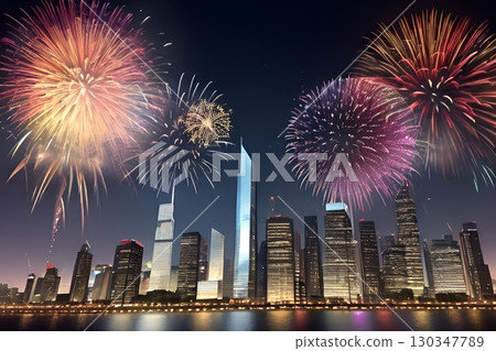 A Hong Kong-inspired night view of skyscrapers with fireworks reflecting on the water 130347789