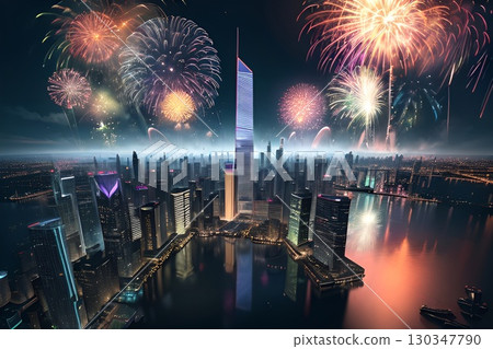 A Hong Kong-inspired night view of skyscrapers with fireworks reflecting on the water 130347790