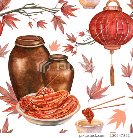 Kimchi pattern. Korean vats, maple, lanterns for Kimchi Day celebration. Hand drawn watercolor illustrations. Seamless pattern on transparent background  Kimchi pattern. Korean vats, maple, lanterns for Kimchi Day celebration. Hand drawn watercolor illustrations. Seamless pattern on transparent background  130347861