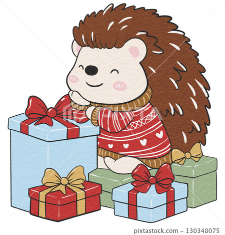 Christmas hedgehog with gift stack, perfect for cards and decor. 130348075