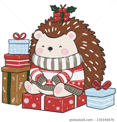 Christmas hedgehog with gift stack, perfect for cards and decor. 130348076