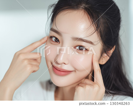 Smiling Japanese beauty model with glowing skin points to eye care (beauty advertising cosmetics) 130348263
