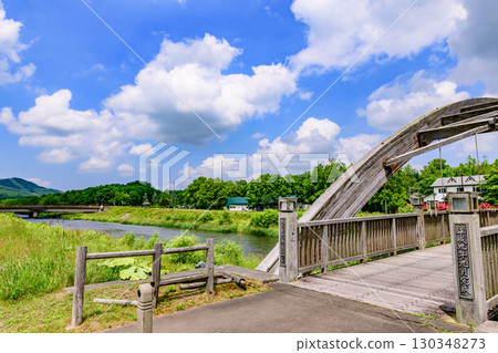 Suigo Park and the bridge across the Kushiro River, Teshikaga Town in summer, shining against the blue sky 130348273