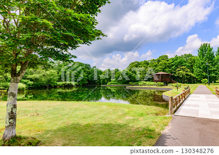 Suigo Park and the bridge across the Kushiro River, Teshikaga Town in summer, shining against the blue sky 130348276