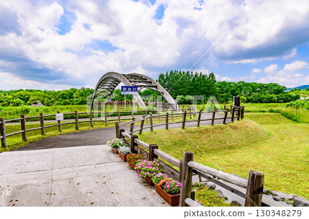 Suigo Park and the bridge across the Kushiro River, Teshikaga Town in summer, shining against the blue sky Suigo Park and the bridge across the Kushiro River, Teshikaga Town in summer, shining against the blue sky 130348279