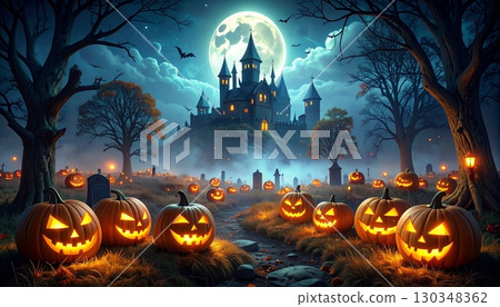 萬聖節滿月之夜,通往城堡的道路兩旁排列著發光的南瓜燈的 3D 插圖 萬聖節滿月之夜,通往城堡的道路兩旁排列著發光的南瓜燈的 3D 插圖 130348362