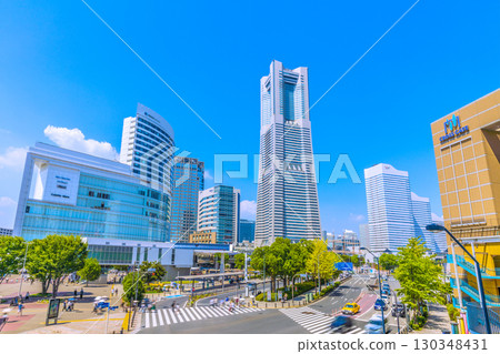 Yokohama cityscape, Japan, August 30. View of Yokohama Landmark Tower and Sakuragicho Station from Yokohama Air Cabin. 130348431