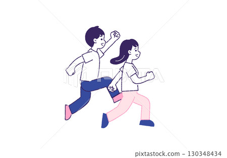 Illustration of a man and woman running with a bright expression 130348434