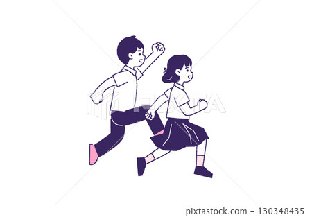 表情明亮的男女學生奔跑的插圖 130348435