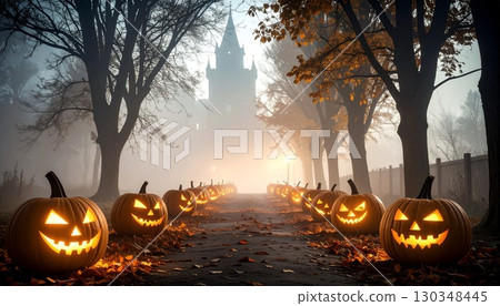 霧濛濛的滿月萬聖節之夜，通往城堡的道路兩旁排列著發光的南瓜燈的 3D 插圖 130348445