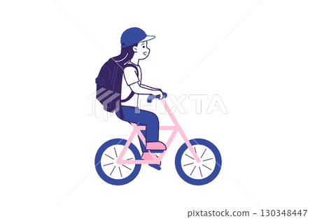 A woman happily riding a bicycle A woman happily riding a bicycle 130348447
