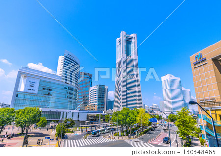 Yokohama cityscape, Japan, August 30. View of Yokohama Landmark Tower and Sakuragicho Station from Yokohama Air Cabin. 130348465