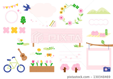 春季戶外活動裝飾框架與標題集 130348469