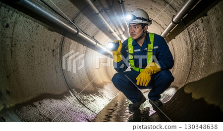 一名工人正在檢查污水管道 130348638