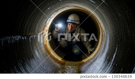 一名工人正在檢查污水管道 130348639