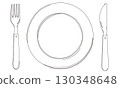 Plate and cutlery hand drawn line art illustration 130348648
