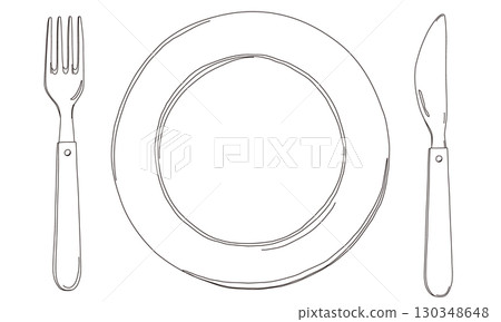 Plate and cutlery hand drawn line art illustration Plate and cutlery hand drawn line art illustration 130348648