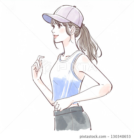 Watercolor/hand-drawn illustration of a woman/girl running 130348653