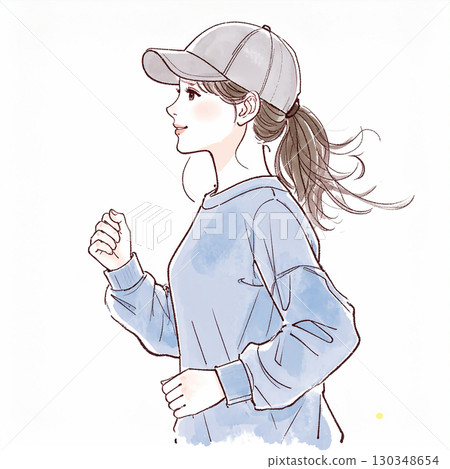 Watercolor/hand-drawn illustration of a woman/girl running 130348654