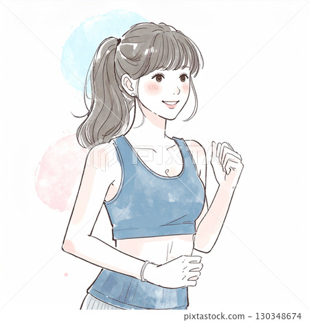 一位奔跑的女人/女孩的水彩/手繪插圖 130348674