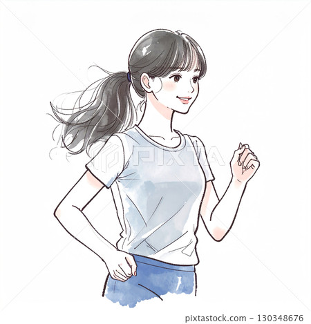 Watercolor/hand-drawn illustration of a woman/girl running Watercolor/hand-drawn illustration of a woman/girl running 130348676