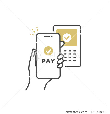 使用智慧型手機電子貨幣進行觸控支付和無現金支付的圖示（線圖、向量） 130348939
