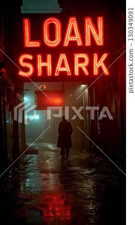 Gritty urban alleyway at night, neon LOAN SHARK sign, wet pavement, ominous figure, tense noir atmosphere 130349091