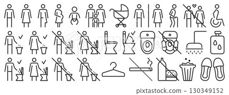 Black line WC icon set. Classic signs for public toilets. Linear vector symbols for lavatory. Monochrome outline pictogram bundle for female and make changing room, bathrooms 130349152