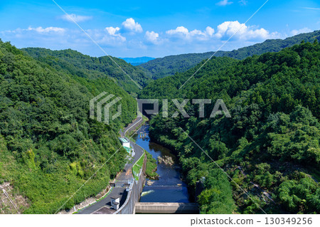 August 2025: Nara Nunome Dam with reduced water storage due to low rainfall. View of the north side towards the Nunome River. August 2025: Nara Nunome Dam with reduced water storage due to low rainfall. View of the north side towards the Nunome River. 130349256