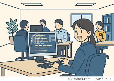 A woman and her colleagues working on programming in the office 130349507