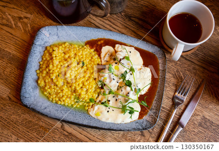 Dish of beef cheeks with creamy mushroom sauce and ptitim paste. 130350167